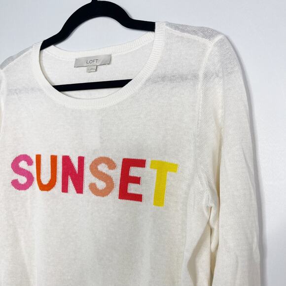 New LOFT Small S Cream Sunset Linen Sweater 3/4 Sleeve Crew Neck Lightweight - Picture 4 of 11
